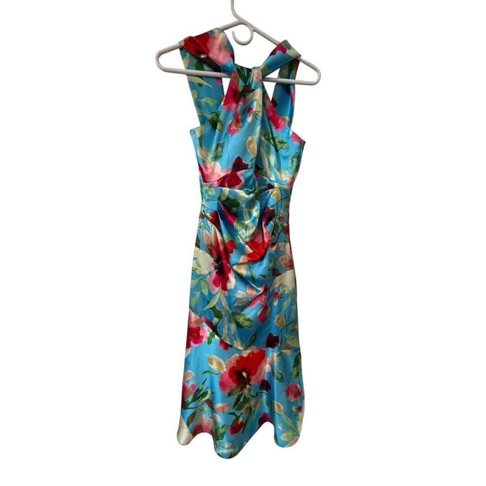 Eliza J Floral Sheath Dress Size 2 Blue Pink Twist Neck Ruched Wedding Career